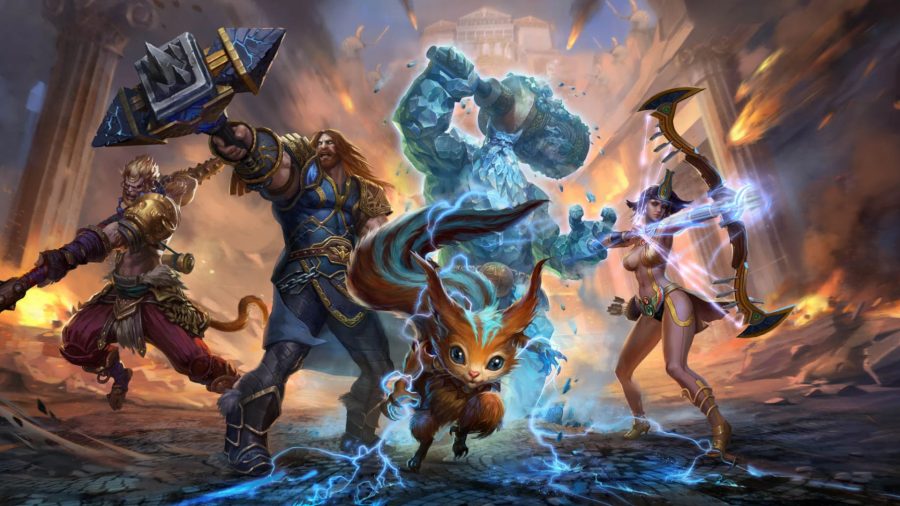 A collection of Smite characters gathered around the adorable rat god Ratatoskr