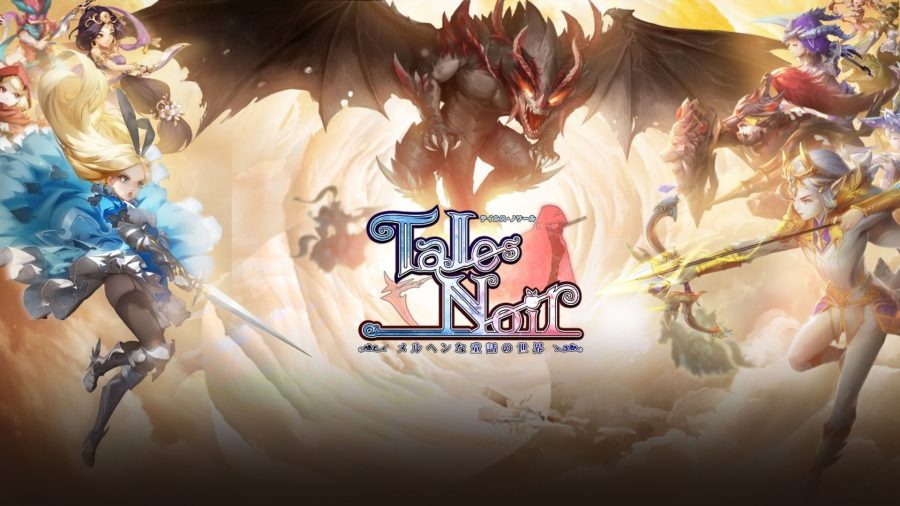 Art from Tales Noir showing two characters either side of the logo with a dark coloured, scary looking dragon above it. The character on the left is blonde and wears a blue dress. The right hand side character has white hair and wears a white godly outfit.