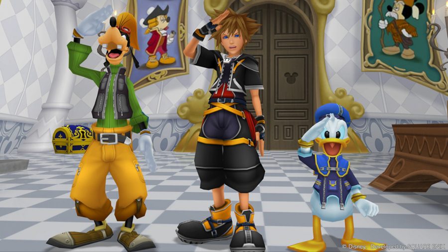 Goofy, Sora, and Donald saluting someone off screen