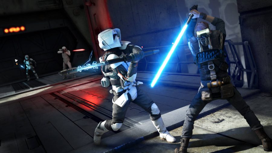Two Star Wars characters having a battle with lightsabers