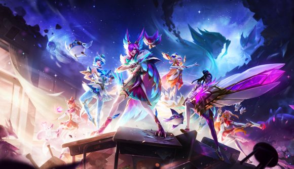 A group of Wild champions all stood in Stargazer attire in front of a spacey background, and they're all wielding their weapons though Wild Rift Ascended Stargazer Karma is missing