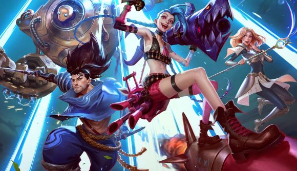 Art from League of Legends Wild Rift showing Jinx, a woman in revealing clothing with red pants, red arm-length gloves, and blue hair in braids, among some other characters. One is. mana in a blue gown, another a robot-the thing, another a red-haired woman. Jinx is surfing on a bomb.