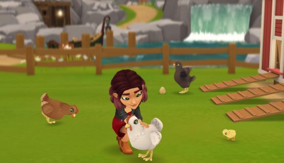 Screenshot of Wylde Flowers characterplaying with a happy chicken