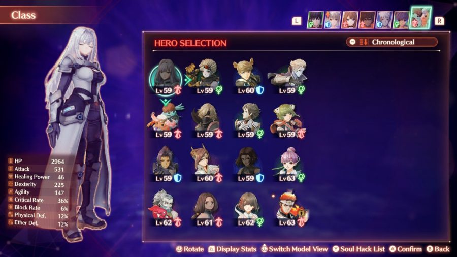 The class selection screen from Xenoblade Chronicles 3 showing Ethel as the Flash Fencer class alongside other menu options and smaller character art.