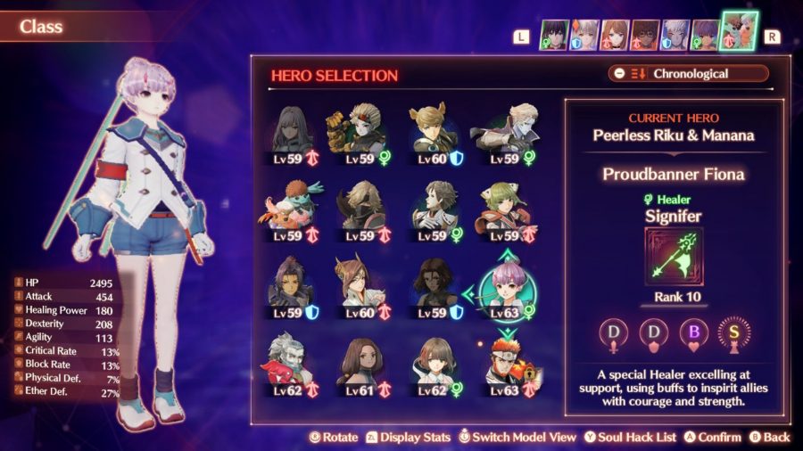 The class selection screen from Xenoblade Chronicles 3 showing Fiona as the Signifer class alongside other menu options and smaller character art.