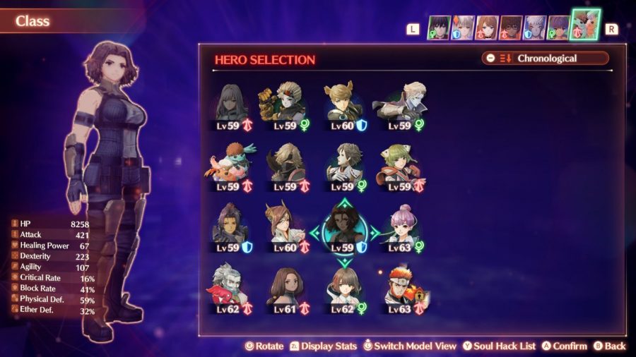 The class selection screen from Xenoblade Chronicles 3 showing Monica as the Lost Vanguard class alongside other menu options and smaller character art.