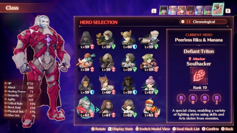 The class selection screen from Xenoblade Chronicles 3 showing Triton as the Soulhacker class alongside other menu options and smaller character art.