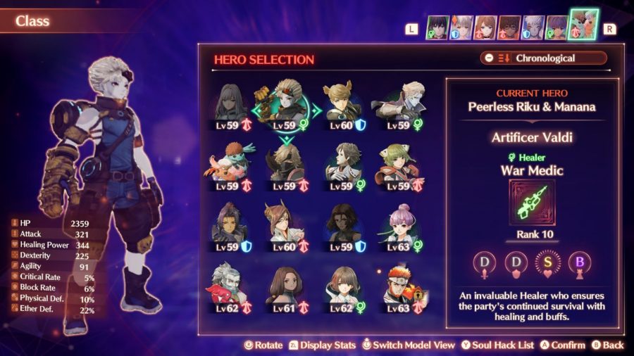 The class selection screen from Xenoblade Chronicles 3 showing Valdi as the War Medic class alongside other menu options and smaller character art.