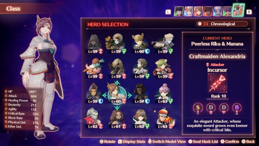 The class selection screen from Xenoblade Chronicles 3 showing Alexandria as the Incursor class alongside other menu options and smaller character art.