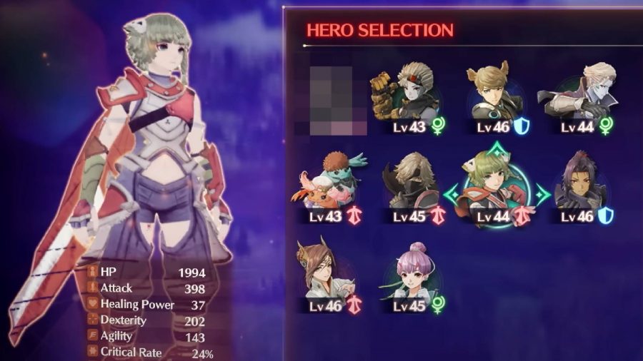 Xenblade Chronicles 3 heroes: a menu shows a selection of different hero characters