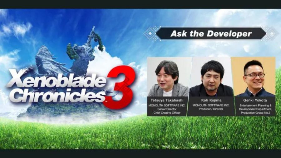 The Xenoblade Chronicles 3 logo against a bright blue sky, with a grassy plain below. On the right hand side are three developers on the game.