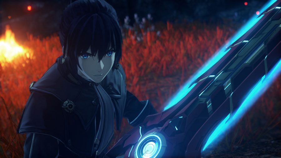 A character from Xenoblade Chronicles 3 holding a big red sword which is glowing blue.