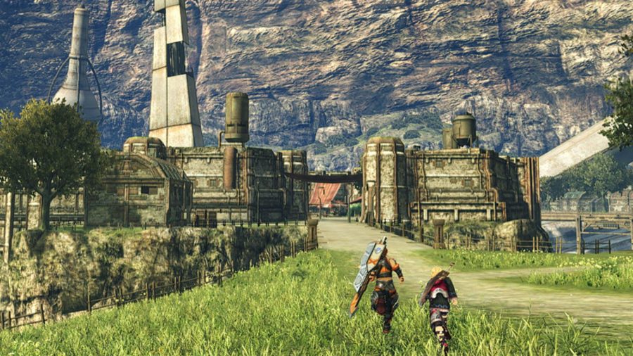 A wide shot from Xenoblade Chronicles, showing a grassy field with two characters running over it, and a walled city in the distance.
