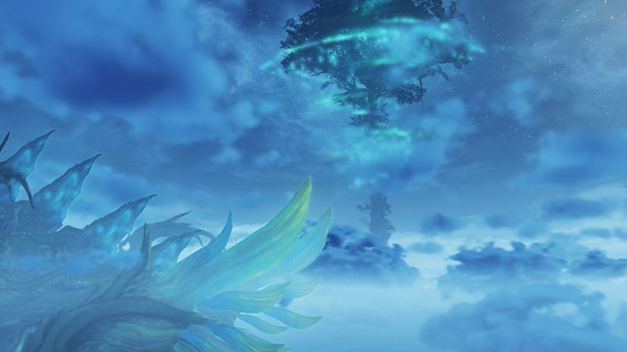 The world tree in Xenoblade CHronicles 2 seen from a distance. It is a massive tree shrouded in blue smoke, in a sea of clouds below and above.