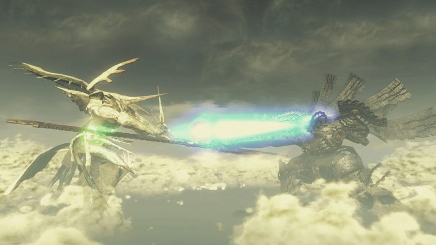 Two giant mechs from Xenoblade Chronicles fighting. They're surrounded by clouds, a blue beam fired from one to the other. One is white, one is black.