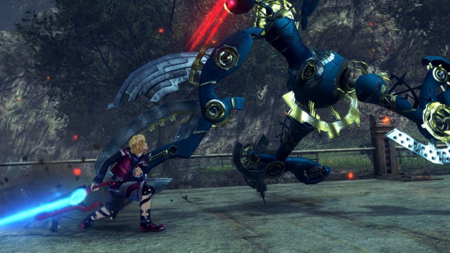 Shulk from Xenoblade Chronicles fighting a black mech. He is a blonde boy in a red outfit with a large red sword.