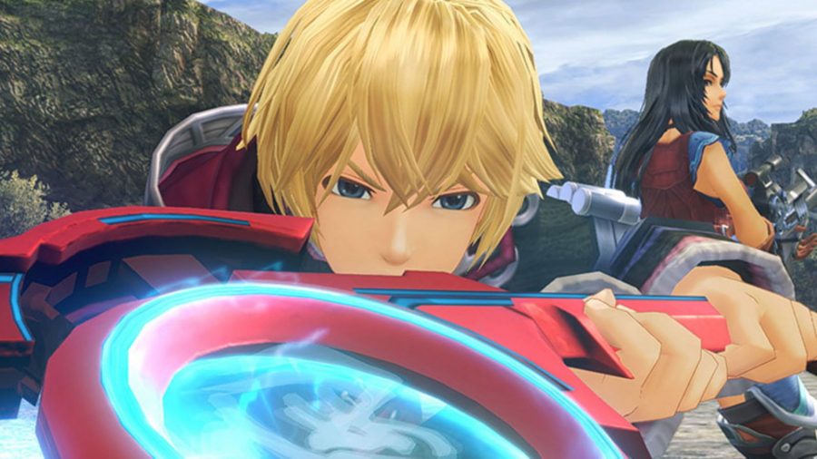 Shulk from Xenoblade Chronicles. It's a close up of his face and wavy blonde hair, with a red and blue sword held horizontal and covering him from the mouth down.
