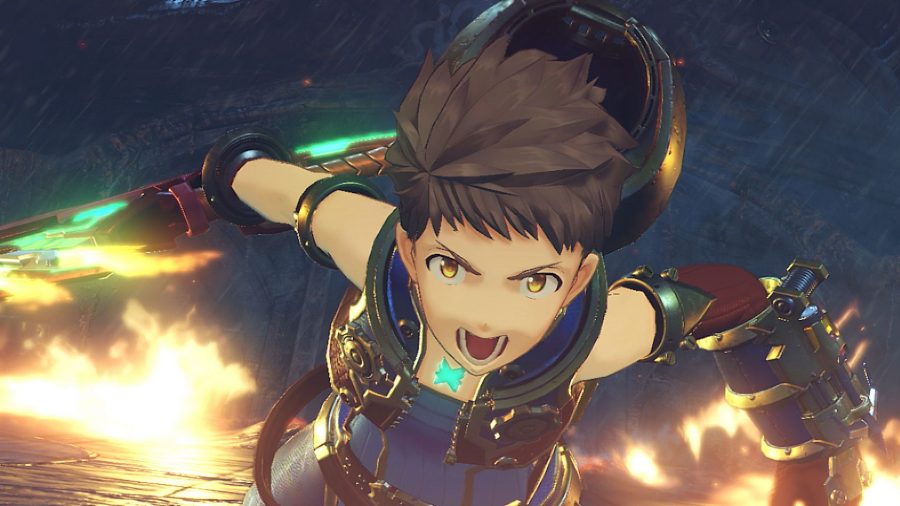 Rex from Xenoblade Chronicles 2. He is a boy with short brown hair, a blue steampunk outfit, an old-time divers helmet hanging off the back. He is looking furious, sword in hand, with flames in the background.