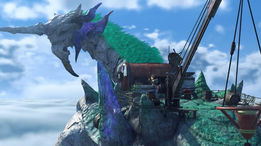 A screenshot from Xenoblade Chronicles 2, showing a large creature that's slightly like a dragon. There's grass a long his back. There's equipment on his back a bit like a fishing trawler. There's a character, faraway, on his back.