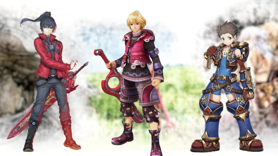 Three characters from the Xenoblade Chronicles series. On the left is Noah, a man with a ponytail, a large red sword, and a red jacket. On the right, Rex, a boy in a blue outfit, kinda steampunk, with an old-timer divers helmet hanging off the back like a hood. In the middle is Shulk, a blonde boy in red, with a large red sword.