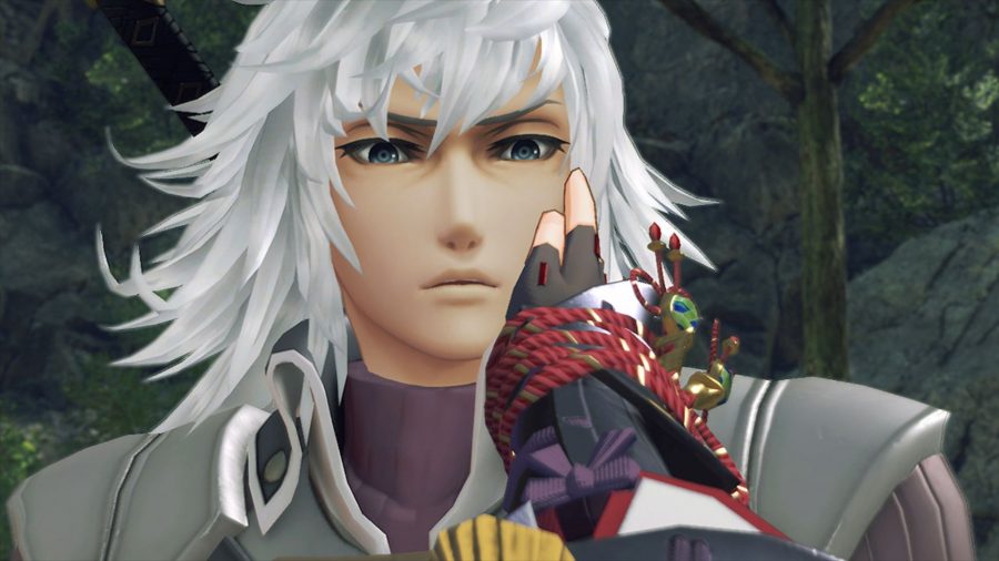 Jin from Xenoblade Chronicles 2, with a concerned look and another person's hand on his face. He has long white hair, a purple shirt and silver coat.