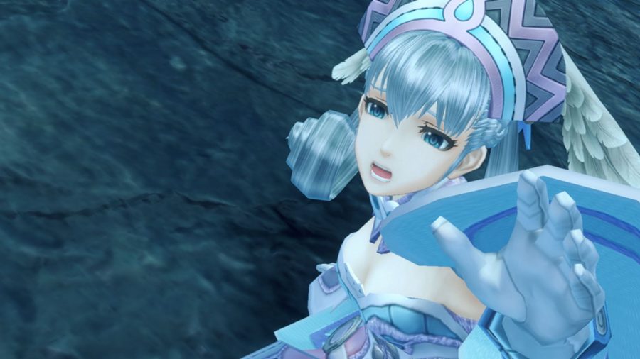Melia from Xenoblade Chronicles, a woman in apink and white dress with a pink hat on and white gloves, with tied up white hair with buns hanging beside her ears. She has one arm outstretched towards the sky as she looks up, desperately.