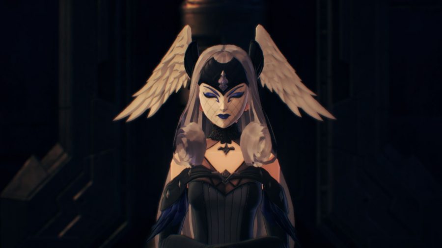 The Queen from Xenoblade Chronicles. She is a woman with long white hair with buns hanging by her shoulders. She wears a black dress, black and white mask over her face, and has small white wings sprouting from her head.
