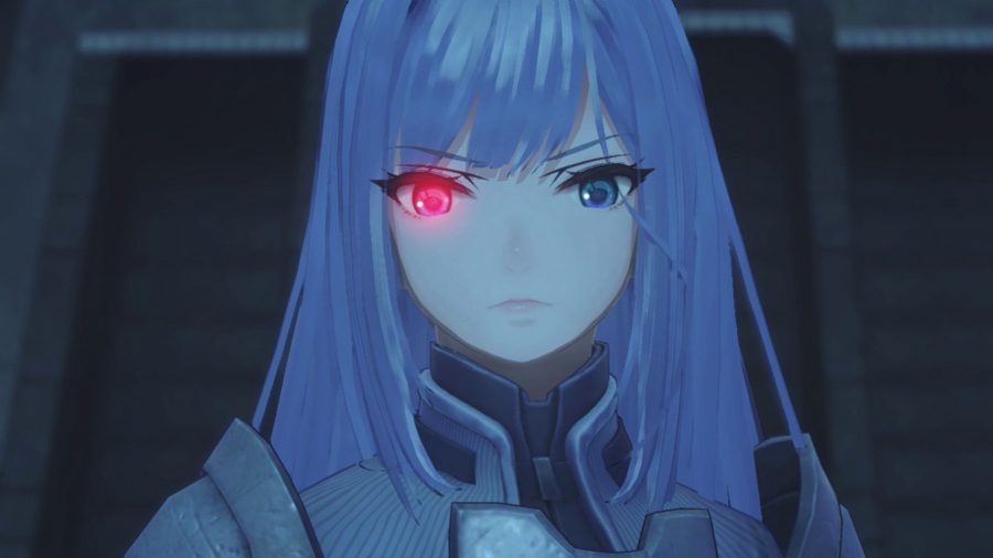 A character from Xenoblade Chronicles. She has long silver hair, a military outfit, and one of her two blue eyes glowing red.