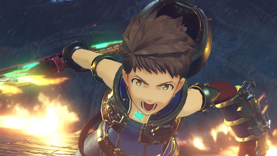 Rex from Xenoblade Chronicles 2. He's a boy who wears a blue outfit with a old-fashioned divers helmet hanging off the back like a good. In this shot he is screaming, arms akimbo, with a red sword in his right hand. There are flames dotting the land behind him.