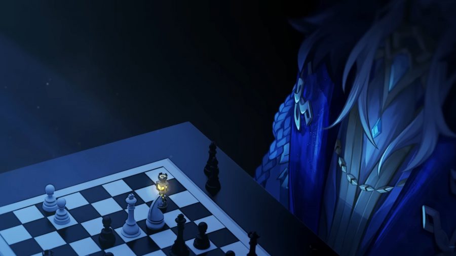 Genshin Fatui Harbinger trailer - Pierro sat before a chessboard, with Zhongli's gnosis acting as one of the pieces