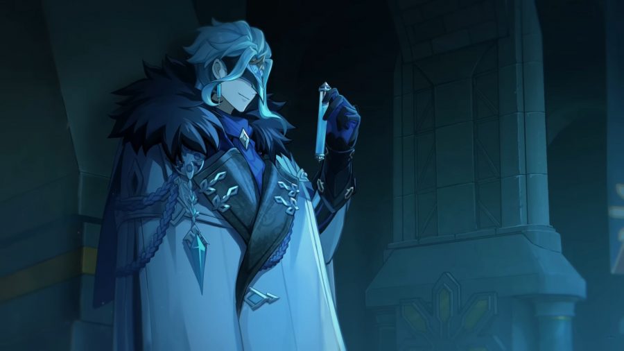 Genshin Fatui Harbinger trailer - Il Dottore, holding a vial of pale blue liquid and smiling as he leans against a pillar 