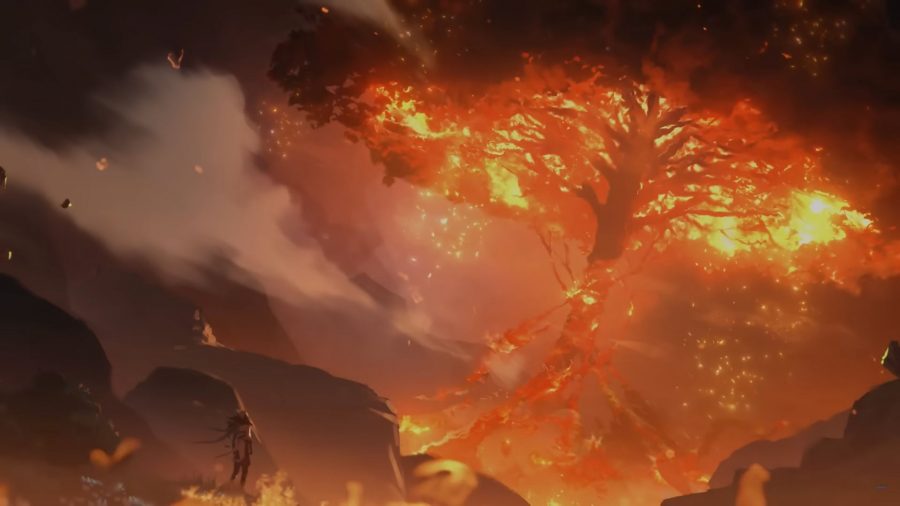 Genshin Impact Fatui Harbinger trailer - Il Dottor stood before a huge, burning tree