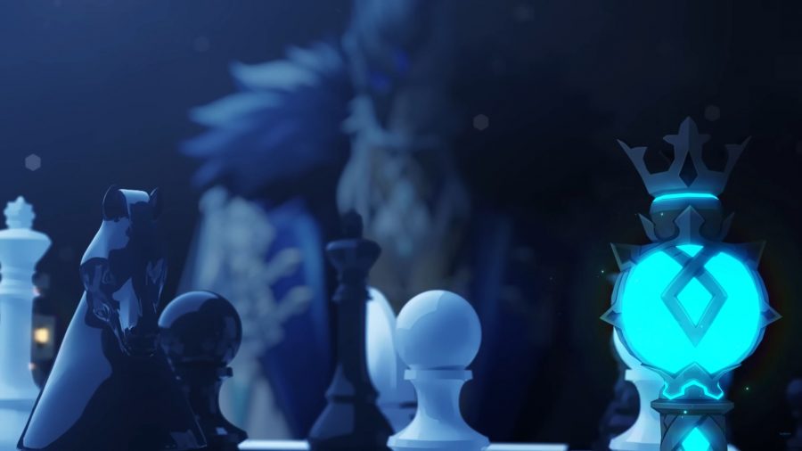 Genshin Fatui Harbinger trailer - A chess table with Venti's gnosis as a piece, and Pierro out of focus in the background