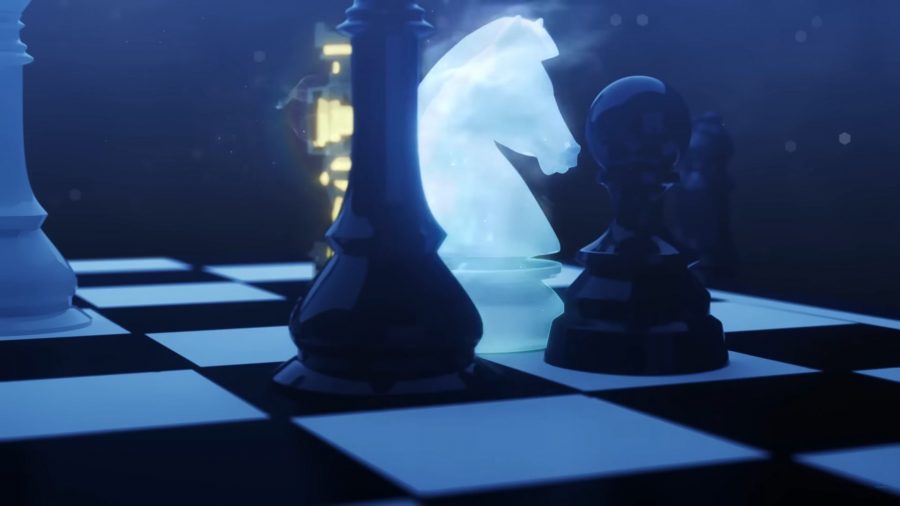 Genshin Fatui Harbinger trailer - a white knight piece moves across a chessboard, surrounded by a cryo aura