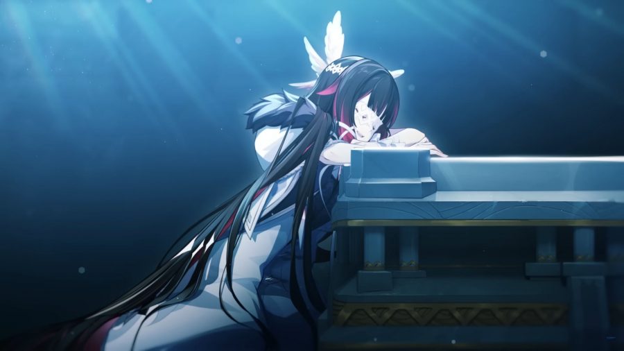 Genshin Fatui Harbinger trailer - Collumbina resting against Signora's coffin, singing as she's bathed in rays of light