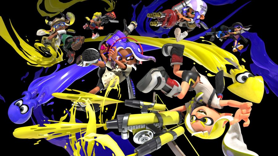 Various characters from Splatoon 3 flying around a black background. Some have yellow hair, others purple. All characters are humanoid and small, with strange fish-like hair.