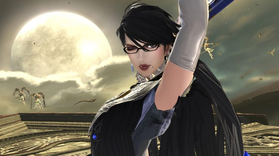 Bayonetta 3 pre-order image showing her winking in a screenshot from Super Smash Bros. Ultimate.