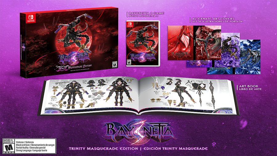 Bayonetta 3 pre-orders: image shows everything included in the Trinity Masquerade Edition, including alternative covers, the game, and a 200-page art book.