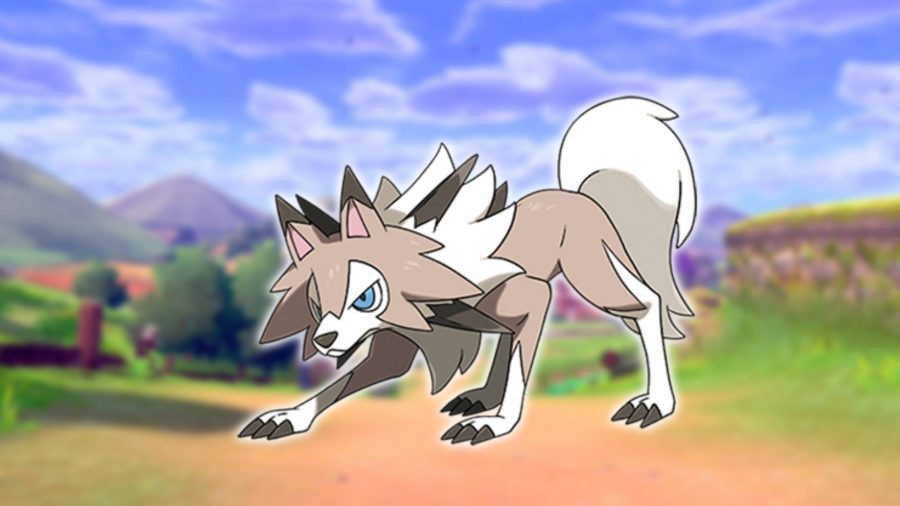 Najlepszy pies Pokemon: wilkołak Pokemon Lycanroc jest pokazany na zielonym tle