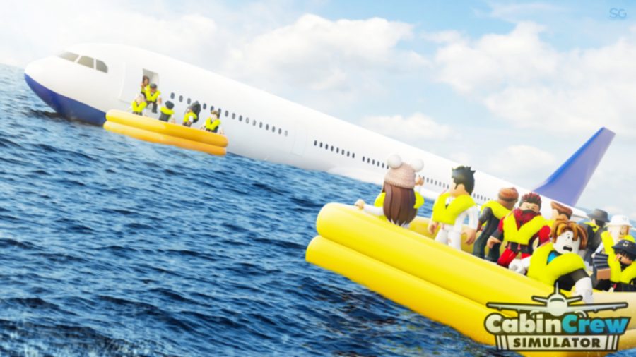 Cabin Crew Simulator codes - a plane in the ocean with Roblox avatars on life boats