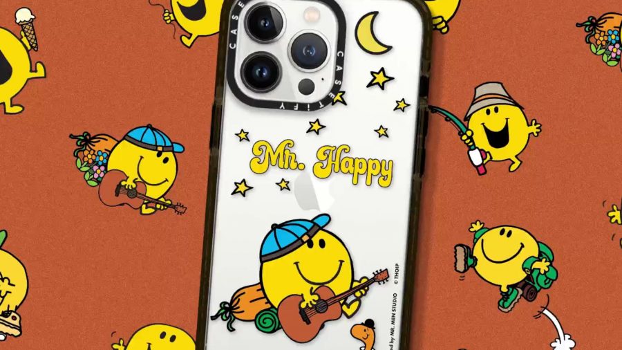 Mr Men Casetify case with Mr Happy playing his guitar in the center of the screen, surrounded by smaller images of Mr Happy 