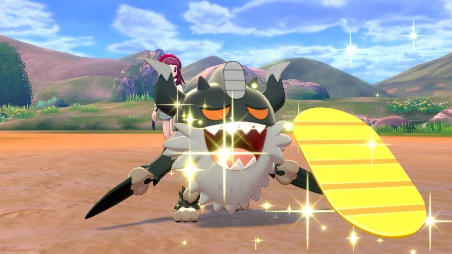 Cat Pokemon: a screenshot from Pokemon Sword and Shield shows the viking-cat Pokemon Perrserker performing the move payday
