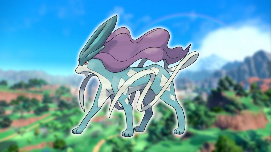 Cat Pokemon: the legendary Pokemon Suicune is visible against a background from the game Pokemon Scarlet and Violet