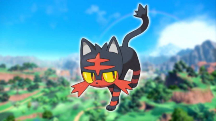 Cat Pokemon: an image of the cat Pokemon Litten is visible over a background from Pokemon Scarlet and Violet