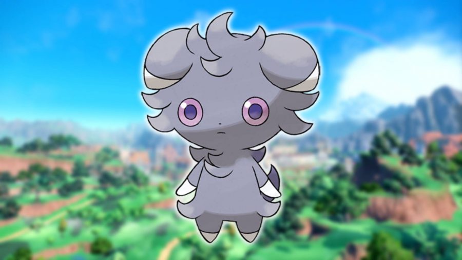 Cat Pokemon: an image of the psychic cat Pokemon Espurr is visible over a background from Pokemon Scarlet and Violet. Espurr has haunting eyes that follow you around the room