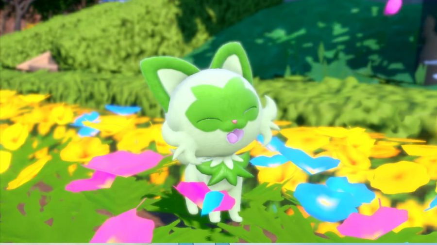 Cat Pokemon: an image from Pokemon Scarlet and Violet shows teh grass type cat Pokemon Sprigatitto, happily sitting in a field of flowers