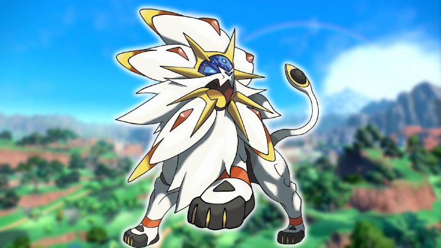 Cat Pokemon: the lion legendary Solgaleo is visible against a background from the game Pokemon Scarlet and Violet