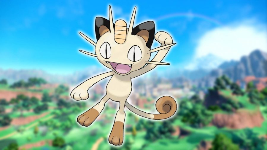 Cat Pokemon: an image of the Cat pokemon Meowth is visible over a scenic background from Pokemon Scarlet and Violet