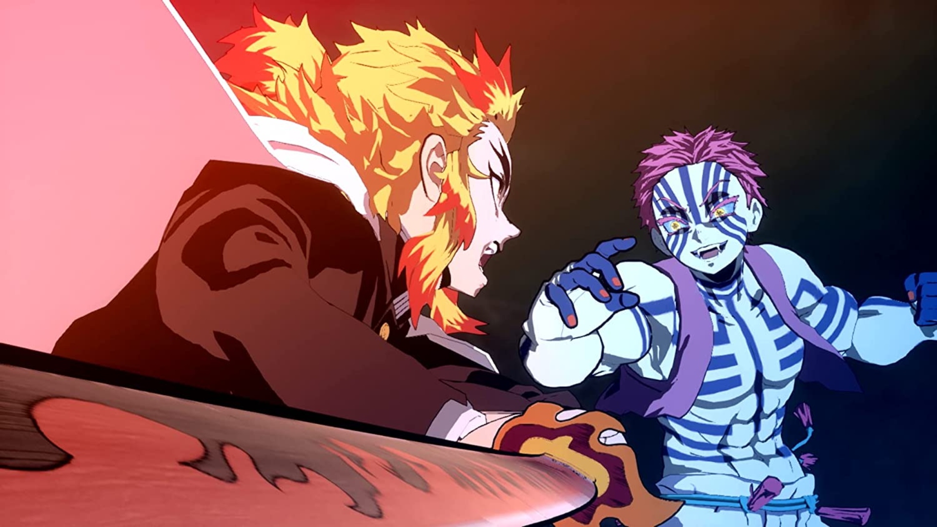 A demon slayeer with fire-red hair fighting a purple demon