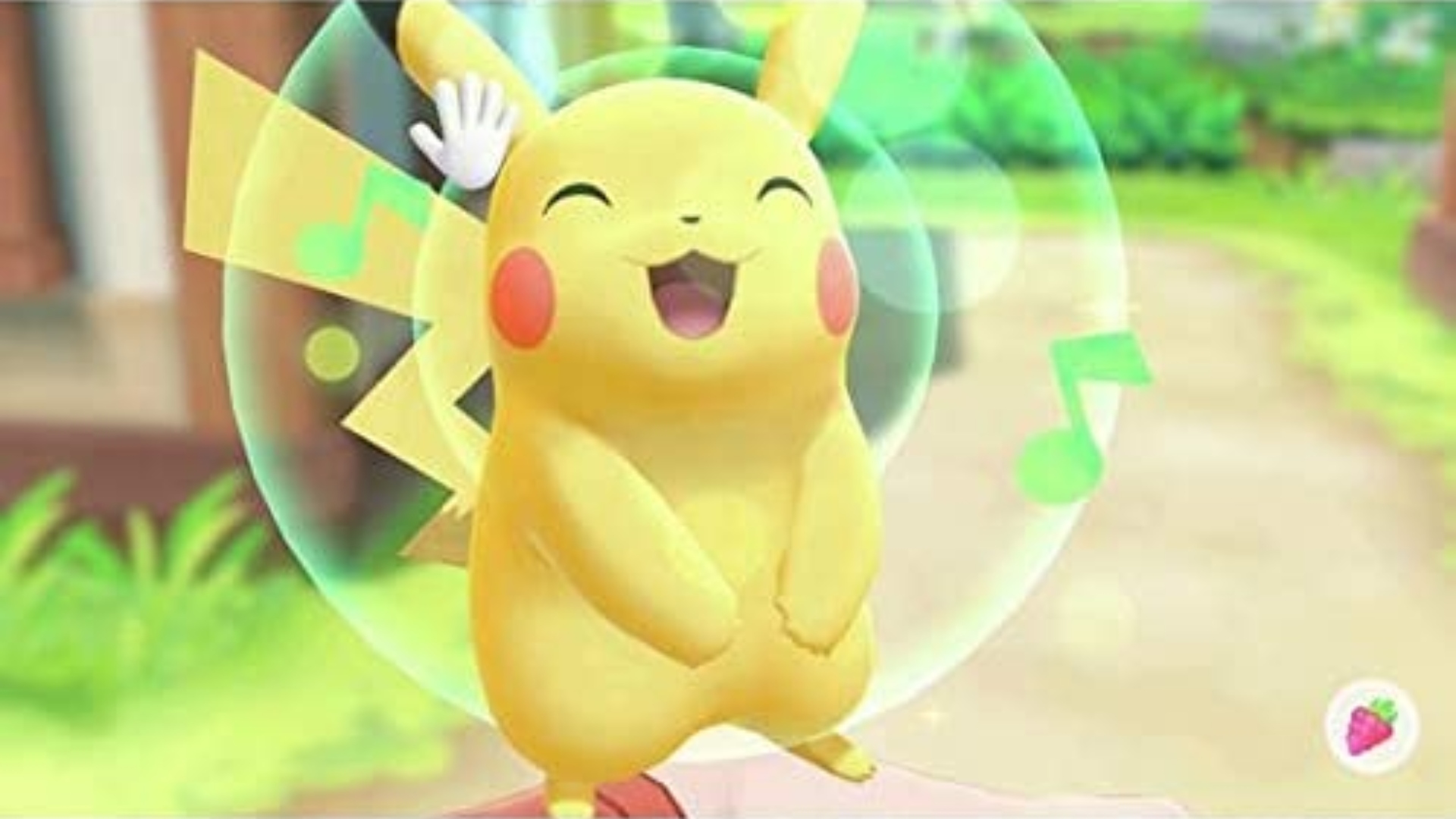 Pikachu looking very happy as its trainer pats its head on a dirt road